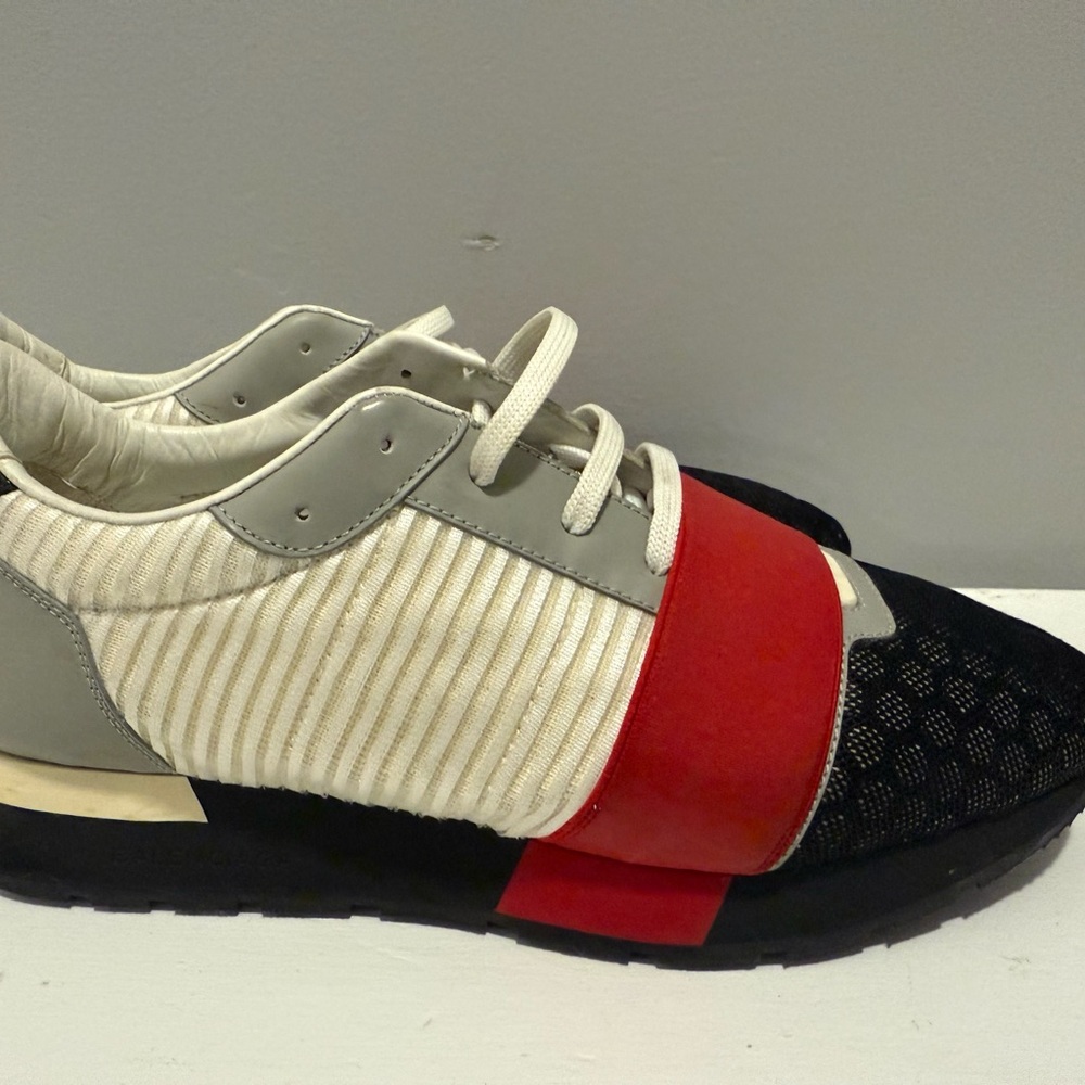 Balenciaga Sporty Race Runner Sneakers Striped Leather Black & Red Size 41